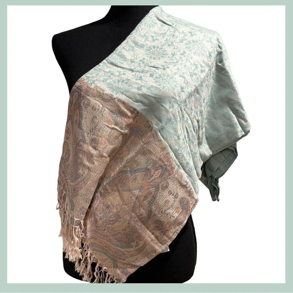 Elegant Shawl in Light Mint & Cream - Versatile Wrap, Scarf, or Veil, Soft Rayon